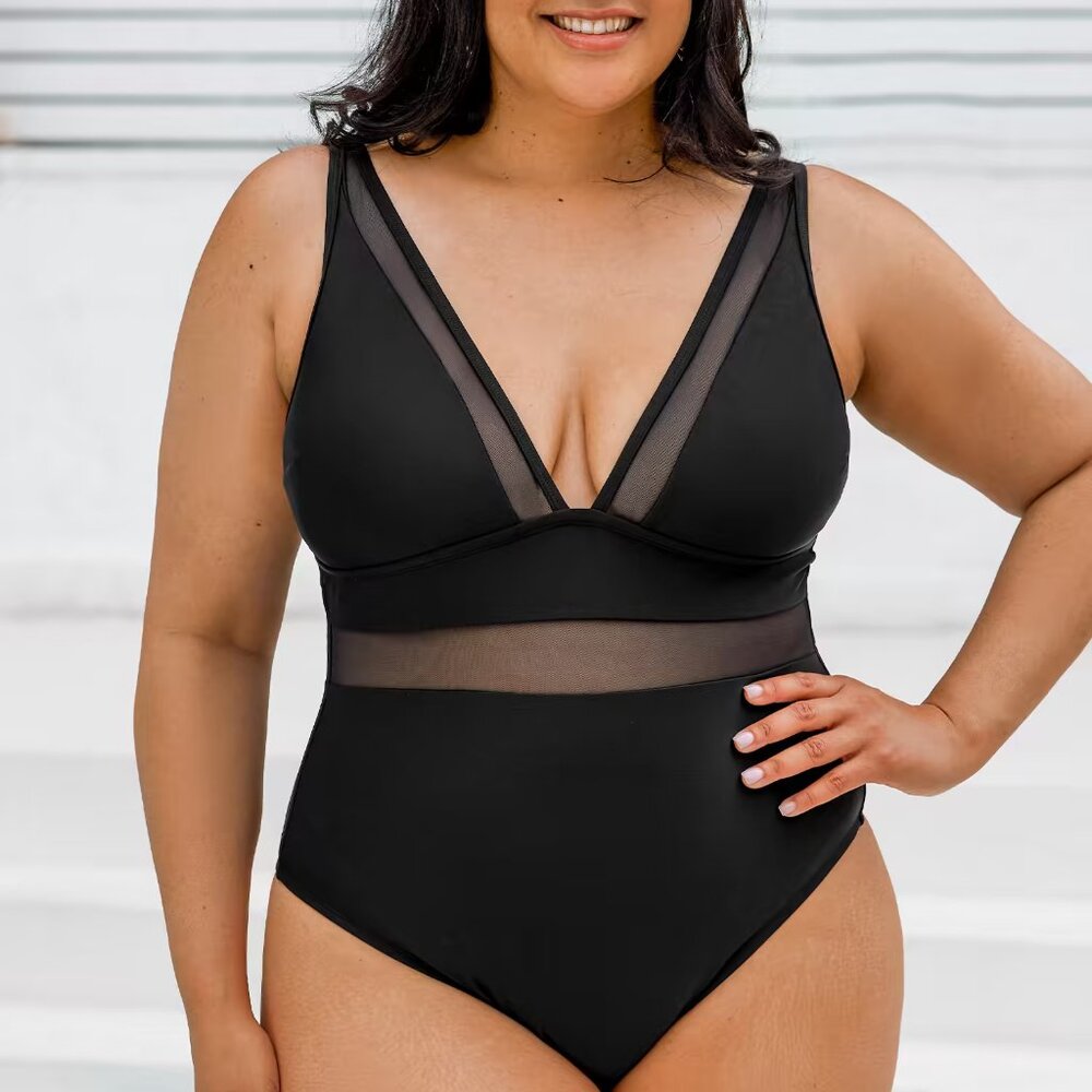 Cupshe Black Mesh Panel One Piece Swimsuit 1X | Tummy Control | NWT